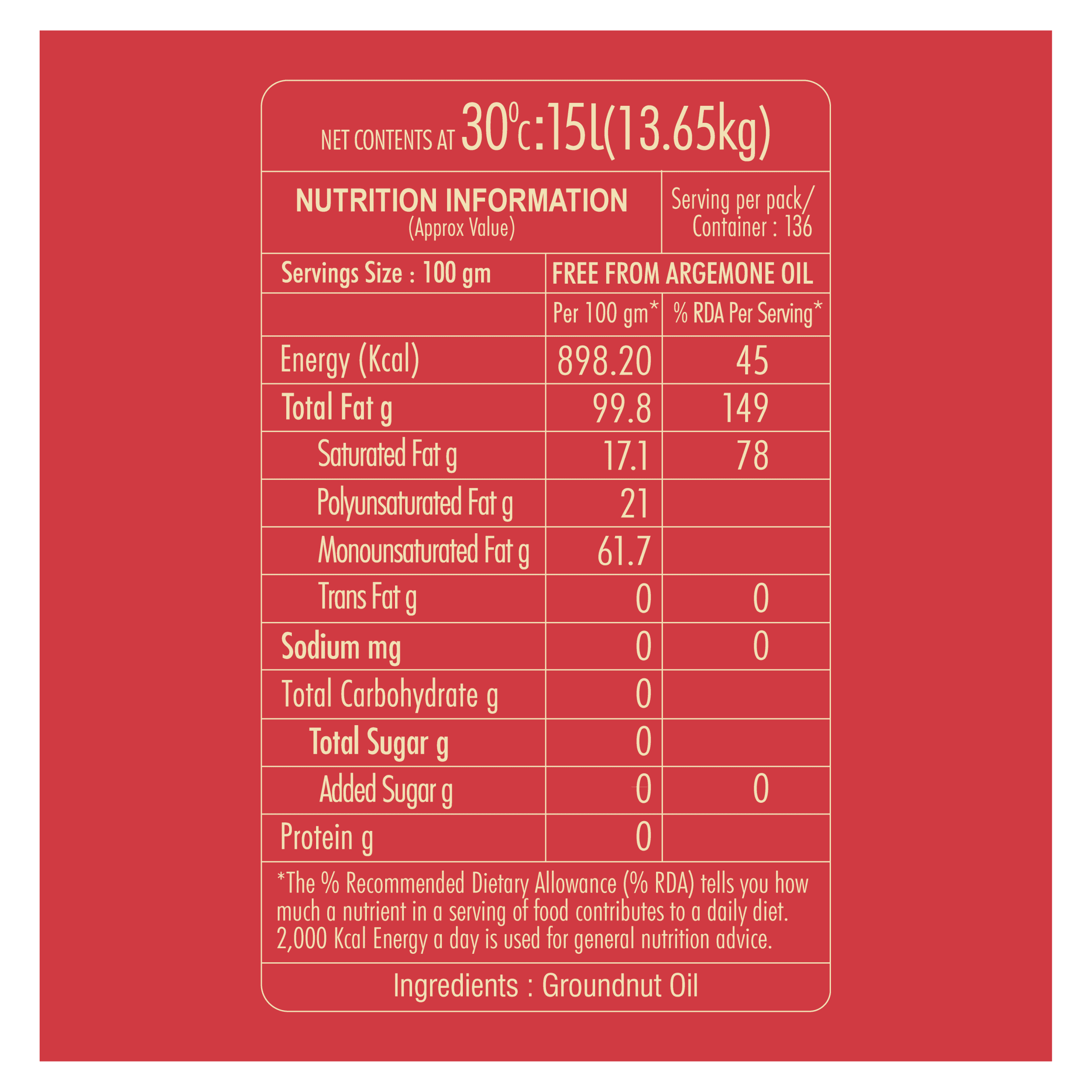 Cold Pressed Groundnut Oil Tap Jar - 15L