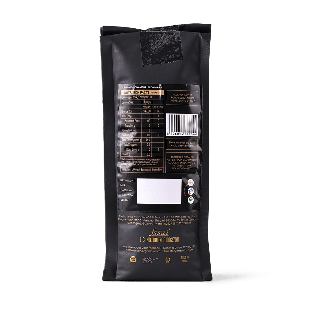 Organic sonamasuri brown rice - back side