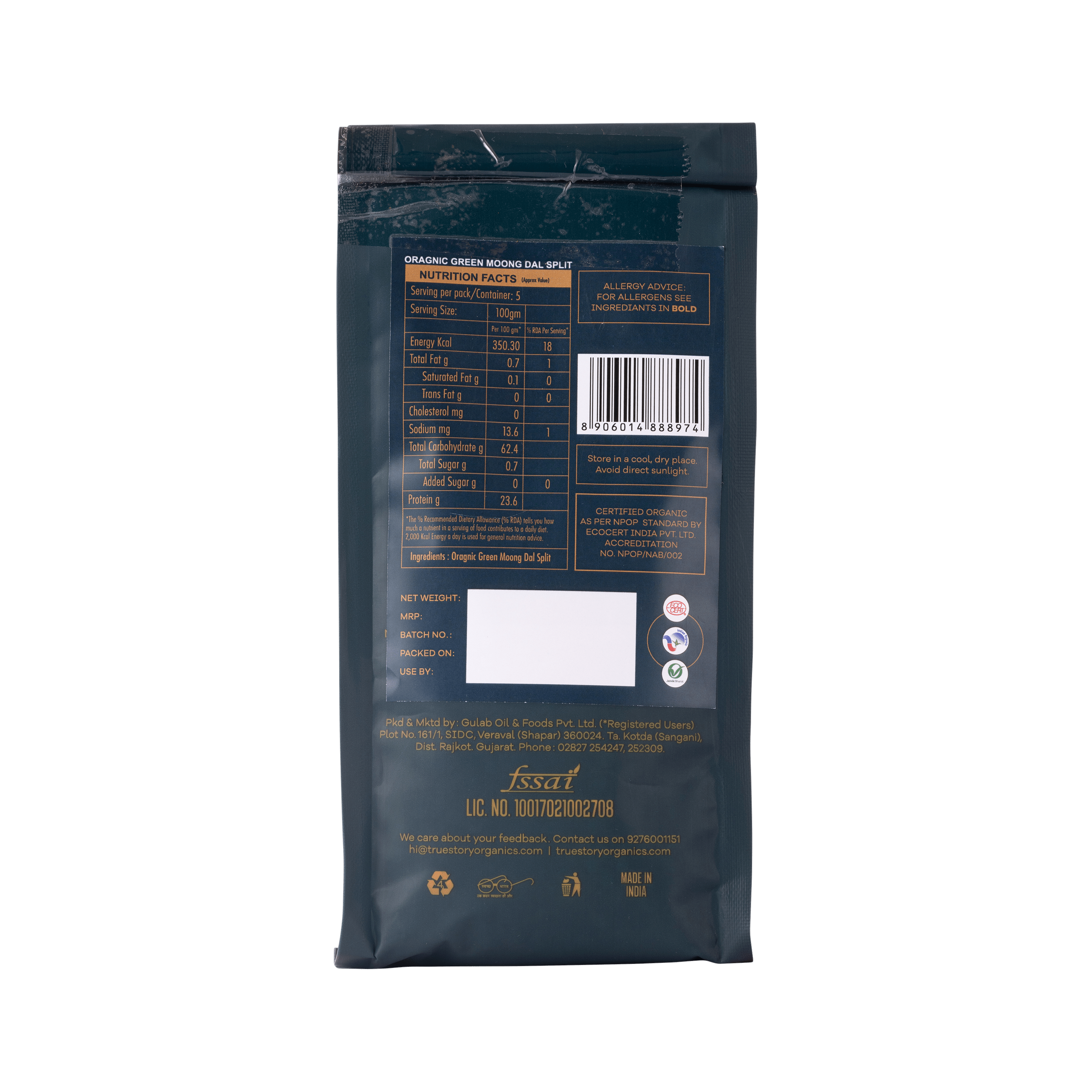 Organic Green Moong Dal (Split) - 500g